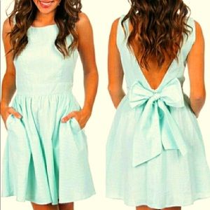 Lauren James Seersucker Dress, mint and white, cute v on back with bow detail.